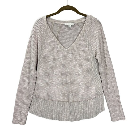 Eri + Ali Anthropologie Womens Small Beige Top Waffle Knit Long Sleeve Thermal - Picture 1 of 12